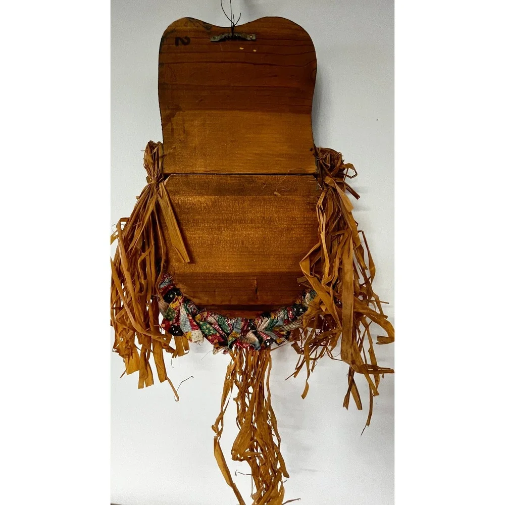 Handmade Wooden Scarecrow Wall Hanging Fall Harvest Decor Raffia 10.5x15.5